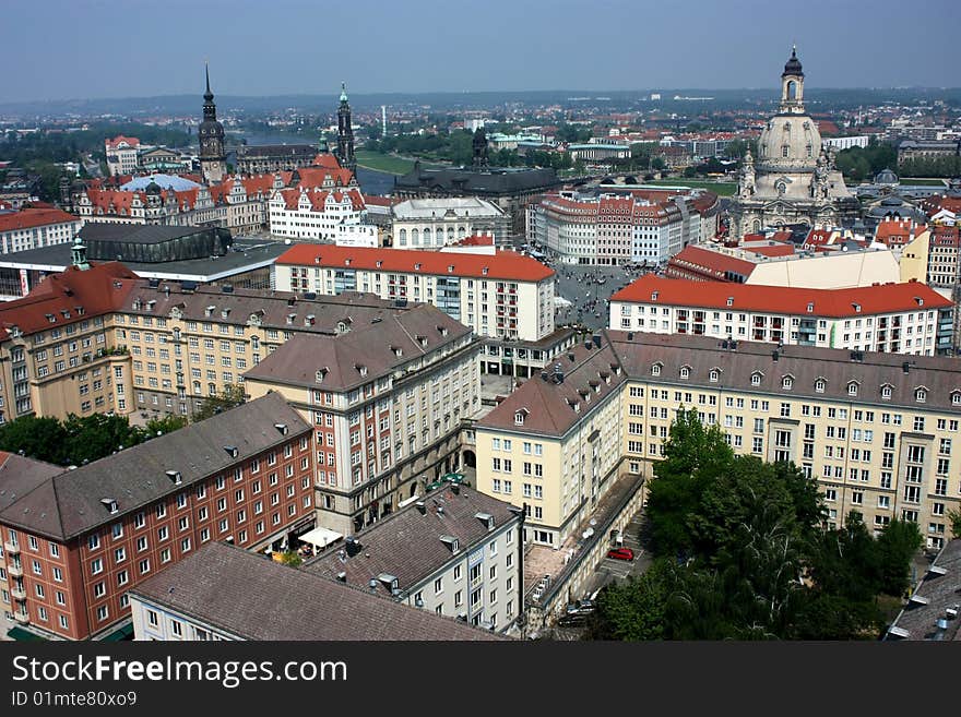 Dresden panorama seen from city hall tower including moments such as Church of Our lady (Frauenkirche) or Cathedral