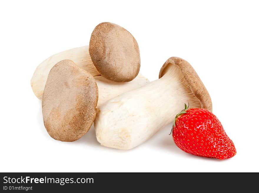 King oyster mushrooms with strawberry, isolated on white background with shadow