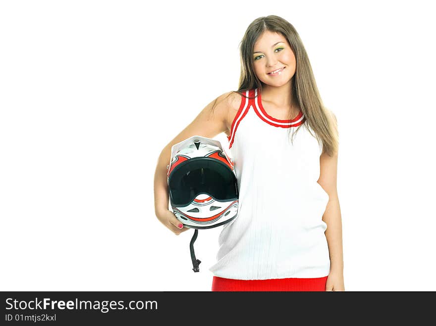 Pretty young woman holding a motorcycle helmet, isolated against white background