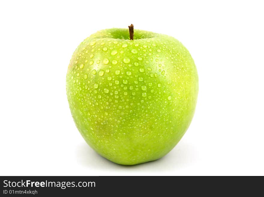 Green apple with drop water isolated on white