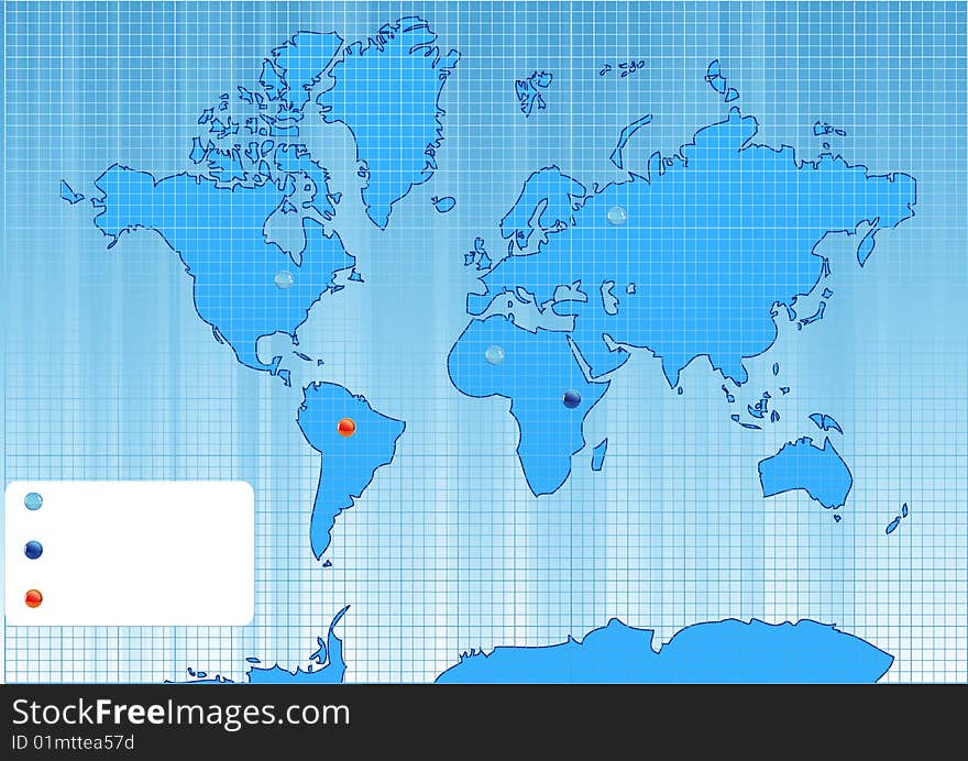 Checked World map with color points. Vector illustration.