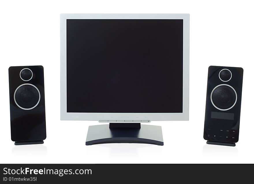 Modern Monitor and speakers on white background. Modern Monitor and speakers on white background