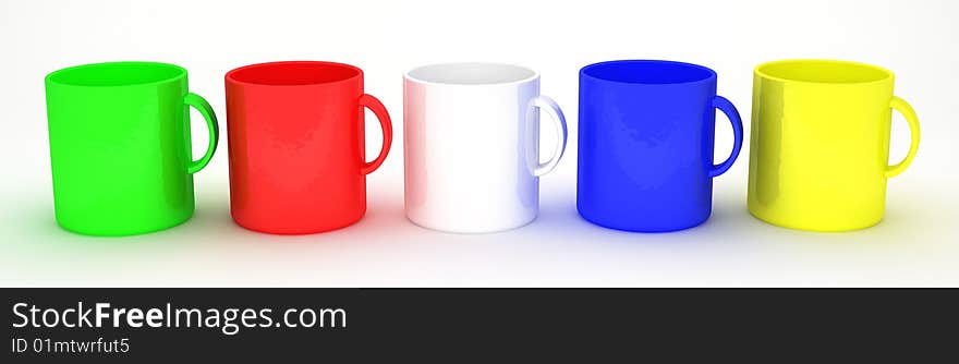 Colorful blank mugs, 3d render. Colorful blank mugs, 3d render