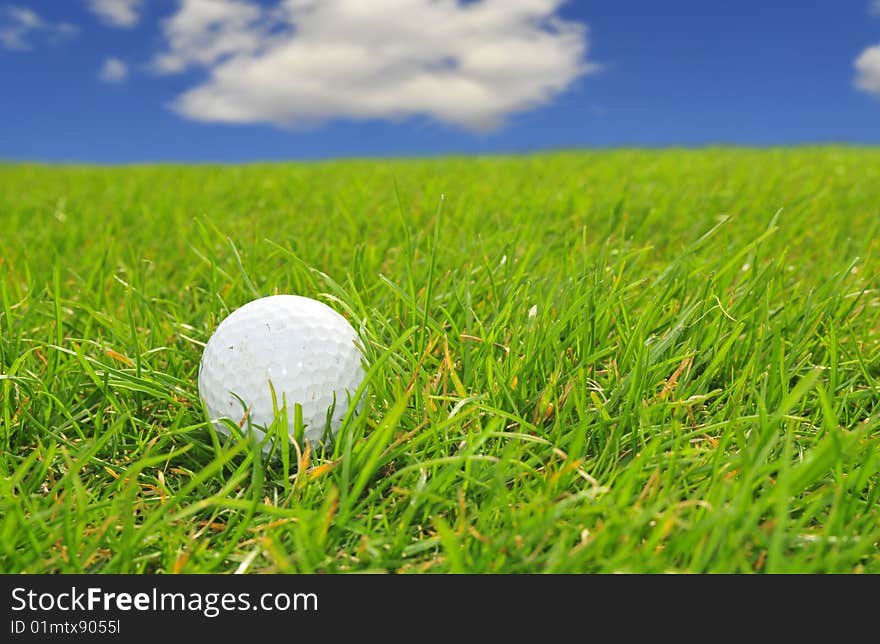 Golf ball in green grass with blue sky in the background. Golf ball in green grass with blue sky in the background