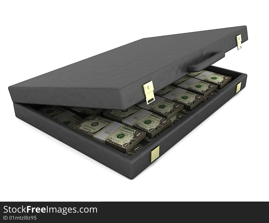 3d illustration of suitcase with money over white background