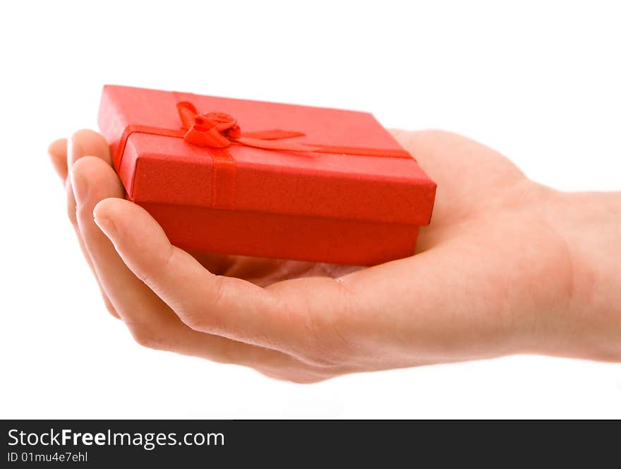 Man holding present on a white background