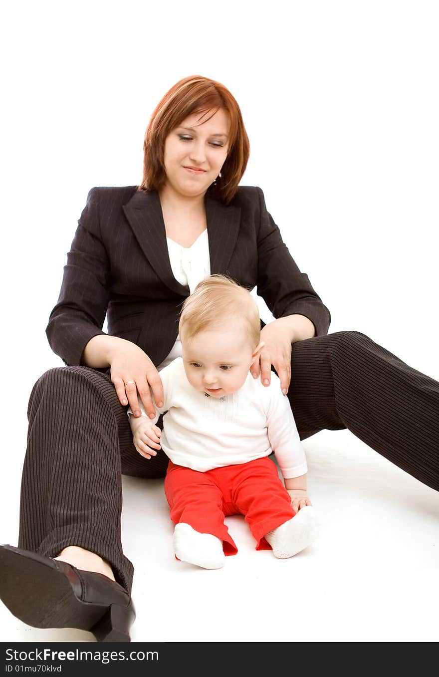 Businesswoman with baby on white