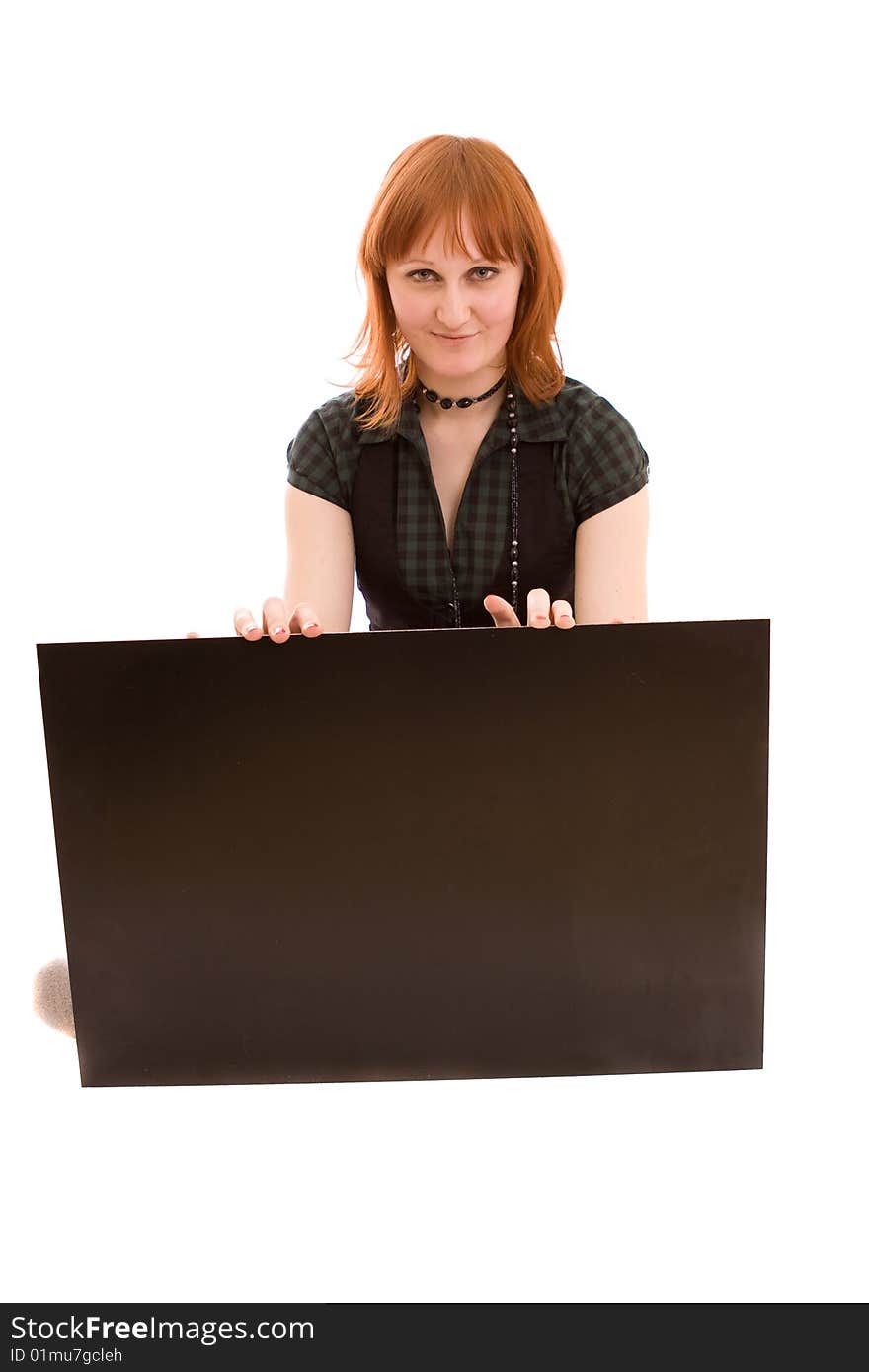 Woman holding black banner on white. Woman holding black banner on white