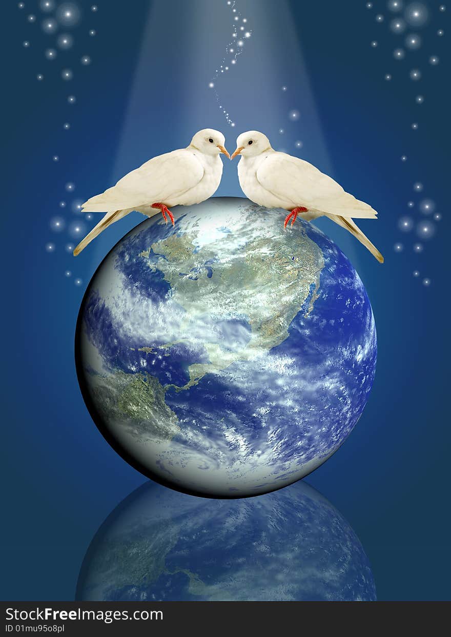 Pigeon standing on top of the Earth and ocean; computer generate image. Pigeon standing on top of the Earth and ocean; computer generate image