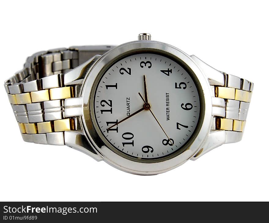 Watches with metal bracelets, isolated, white background, studio