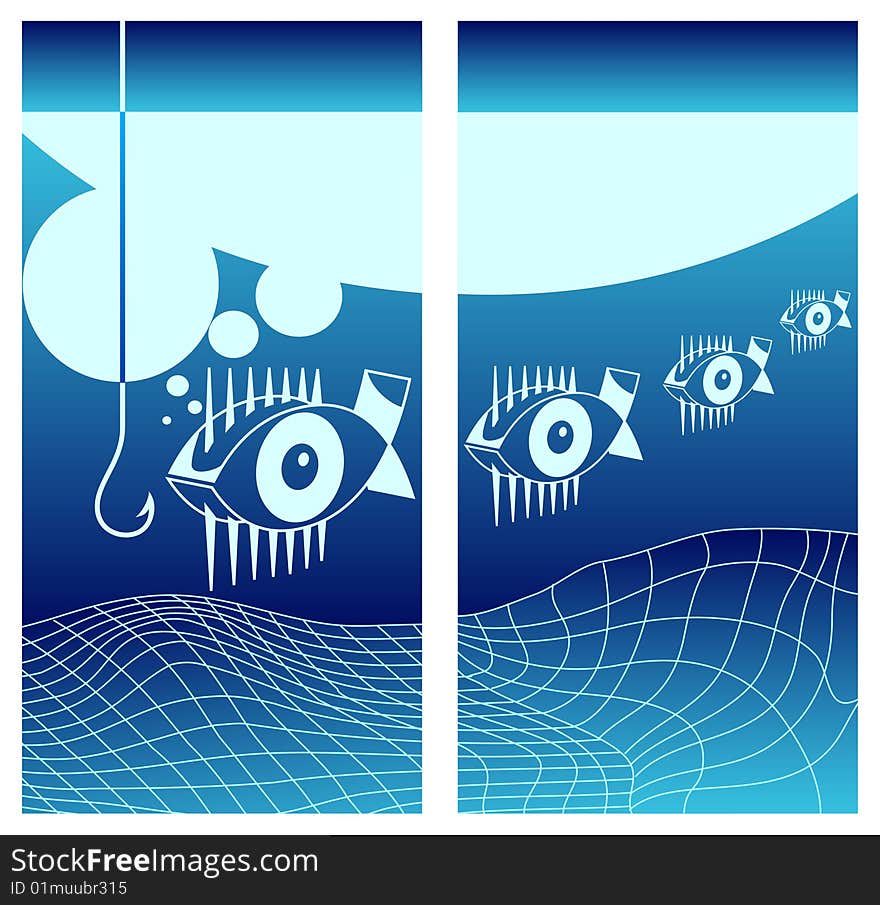 Biting fishes background in blue, underwater vector illustration