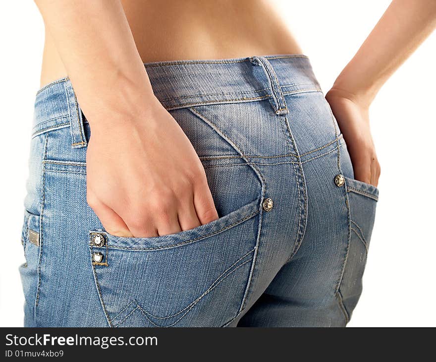 Girl with jeans on the white background. Girl with jeans on the white background