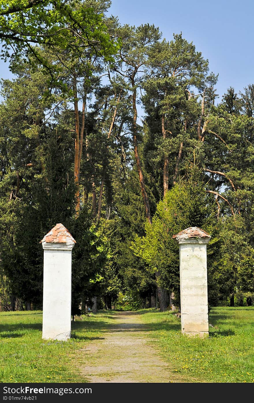 Tree path with two columns at entrance