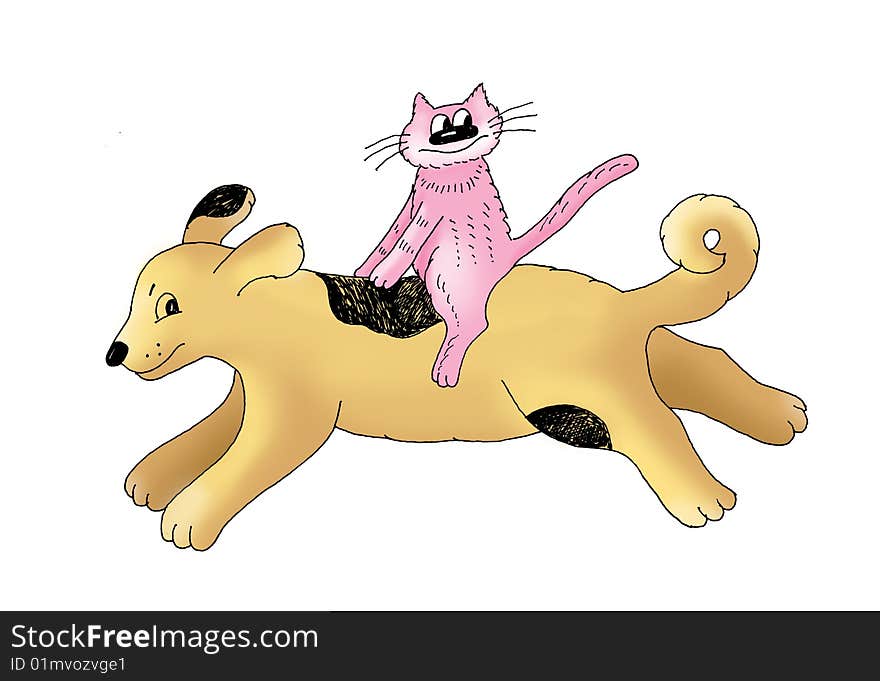 The cat goes astride a dog. Manual drawing. The cat goes astride a dog. Manual drawing.