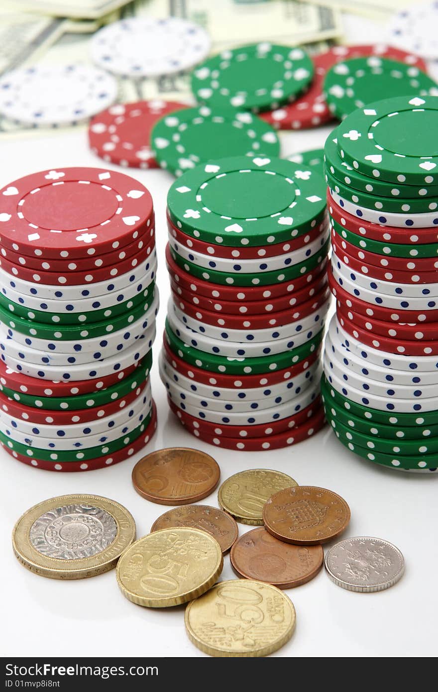 Colorful stacks of poker chips. Series of casino