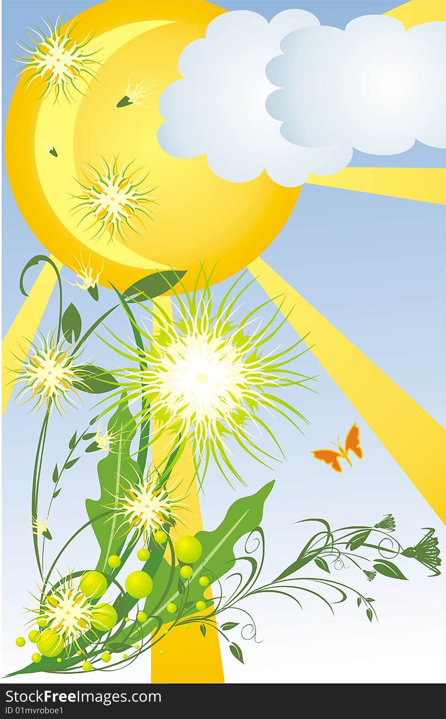 Dandelions and grass. Spring composition. Vector illustration