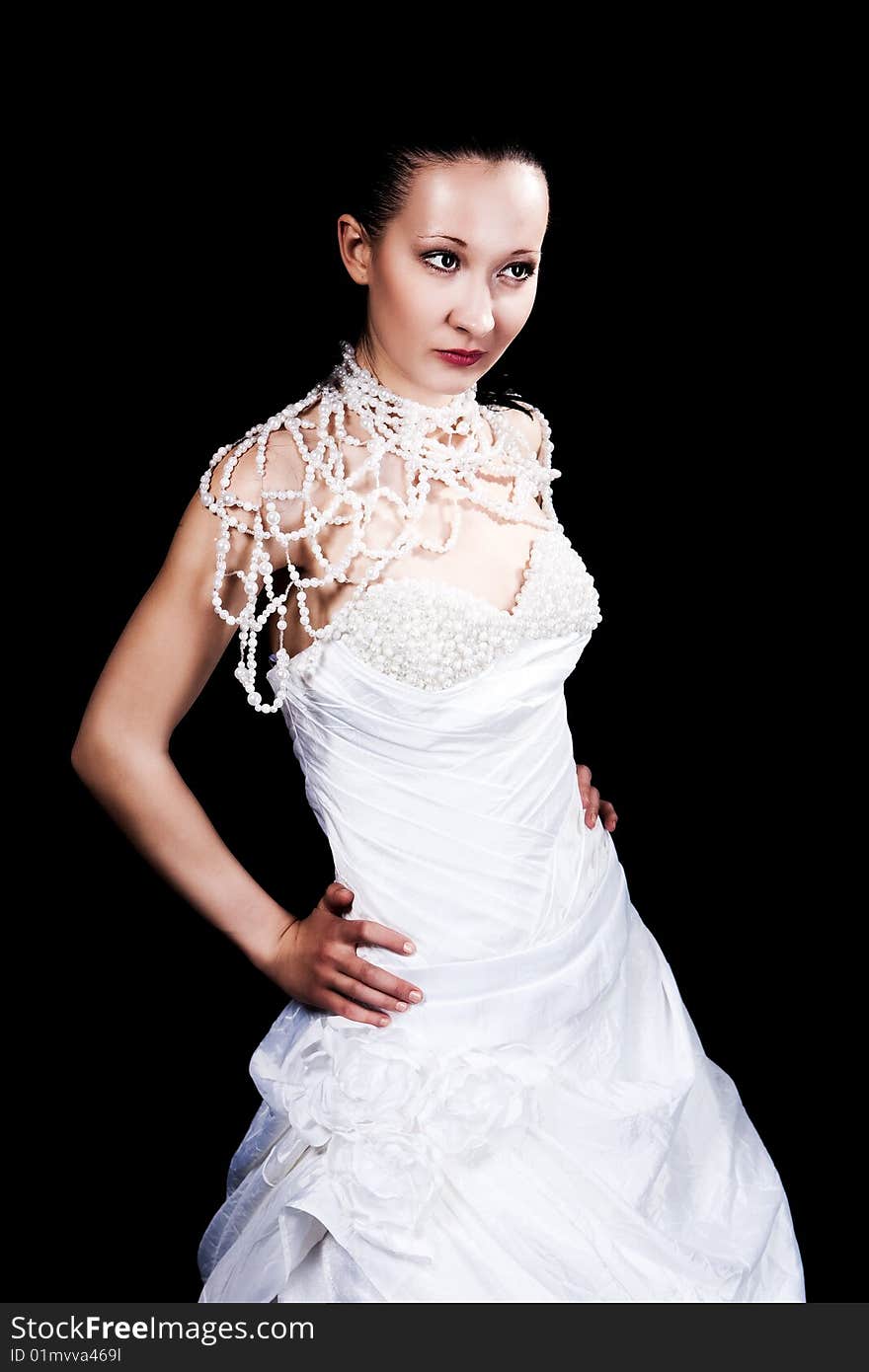 Dark hair bride in white dress