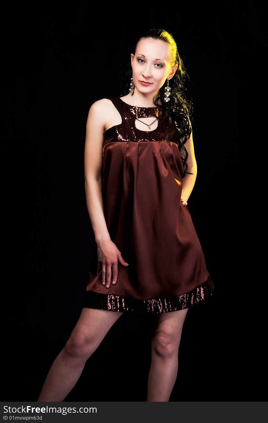 Pretty stylish woman in brown evening dress. Pretty stylish woman in brown evening dress