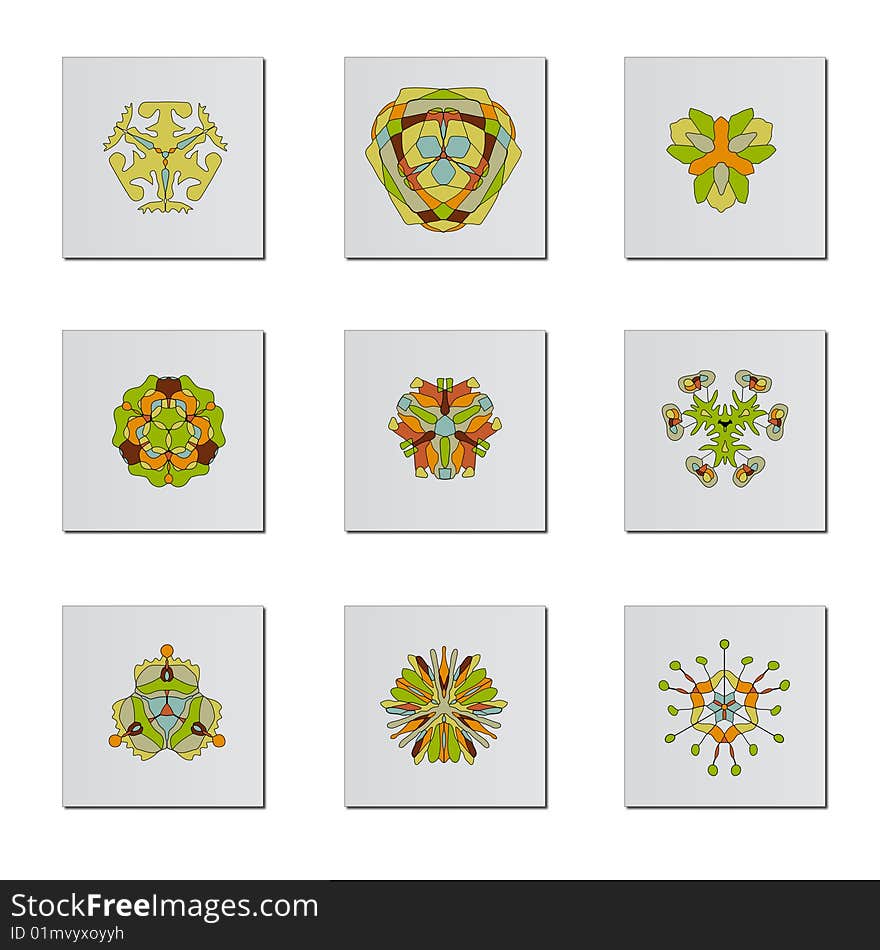 A selection of nine different symmetrical flowers over a grey button/icon. Fully scalable vector illustration. A selection of nine different symmetrical flowers over a grey button/icon. Fully scalable vector illustration.