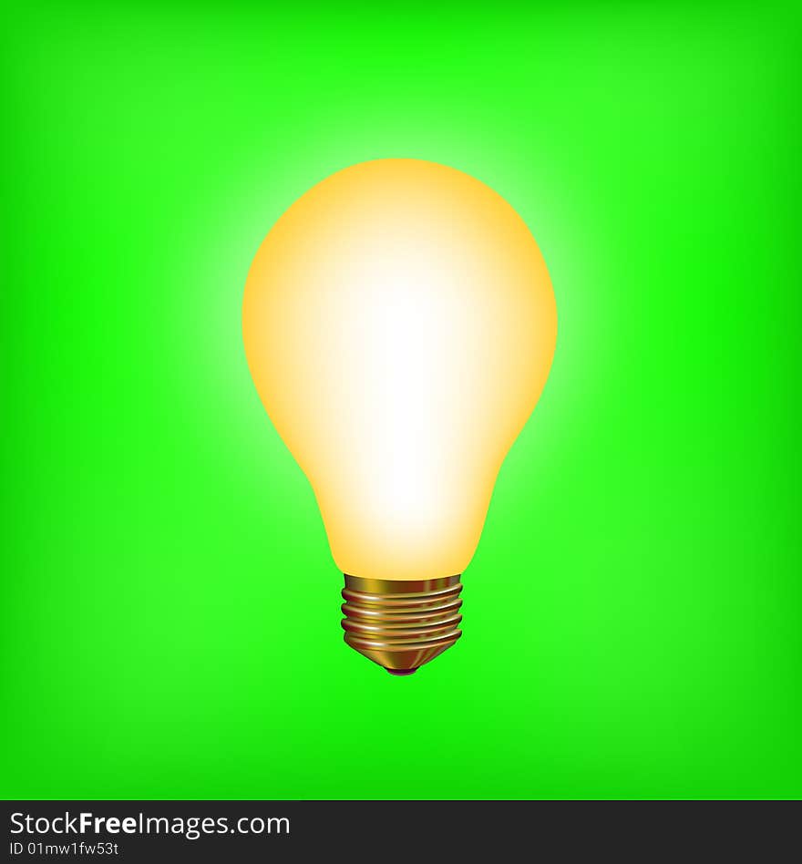 Vector illustration of the light bulb brighting with yellow light on the green background