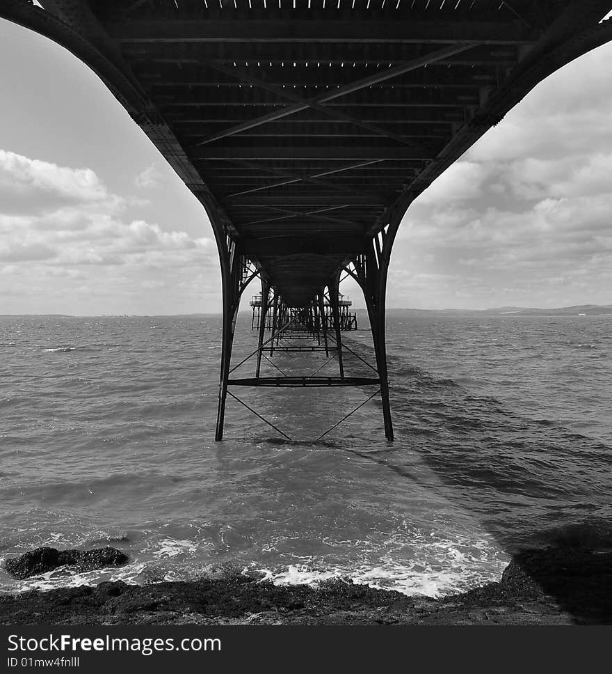 View from underneath Clevedon pier with view of sea