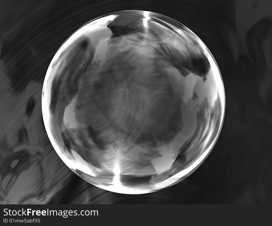 Transparent glass sphere on a black glass background. Transparent glass sphere on a black glass background