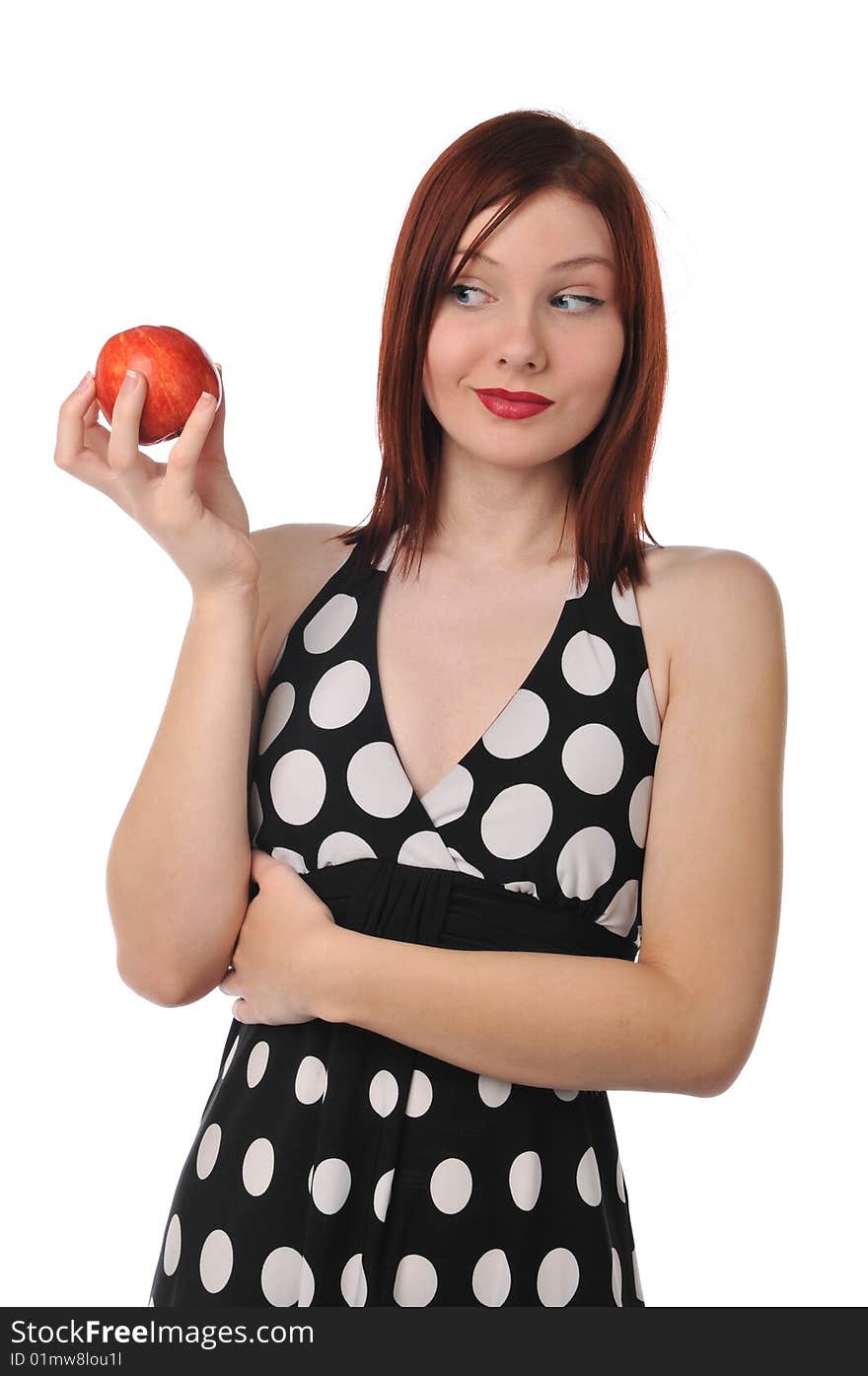 Redhead woman holding a red apple isolated on a white background. Redhead woman holding a red apple isolated on a white background