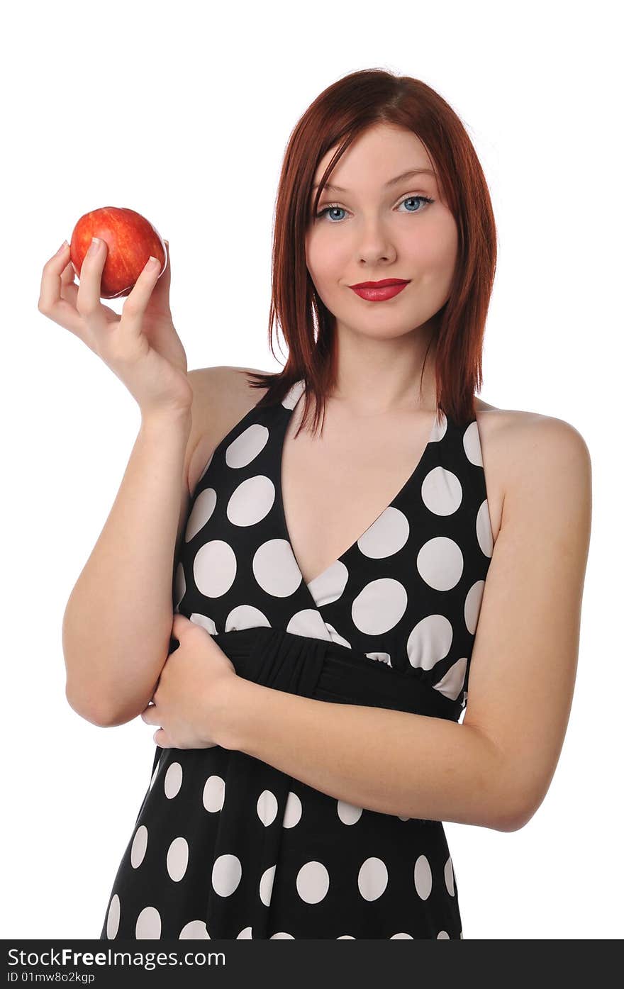 Redhead woman holding a red apple isolated on a white background. Redhead woman holding a red apple isolated on a white background