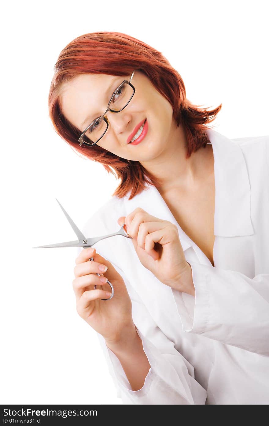 A doctor with scissors in her hands.