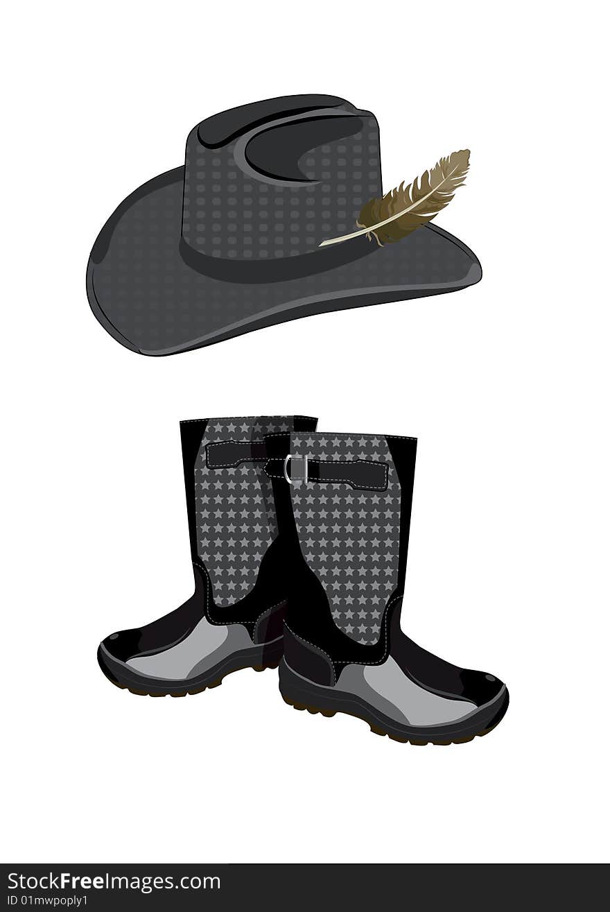 Hat with feather and boots for hunting on a white background. Hat with feather and boots for hunting on a white background