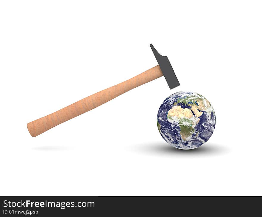 Digital render of a hammer hitting Earth showing Europe and Africa