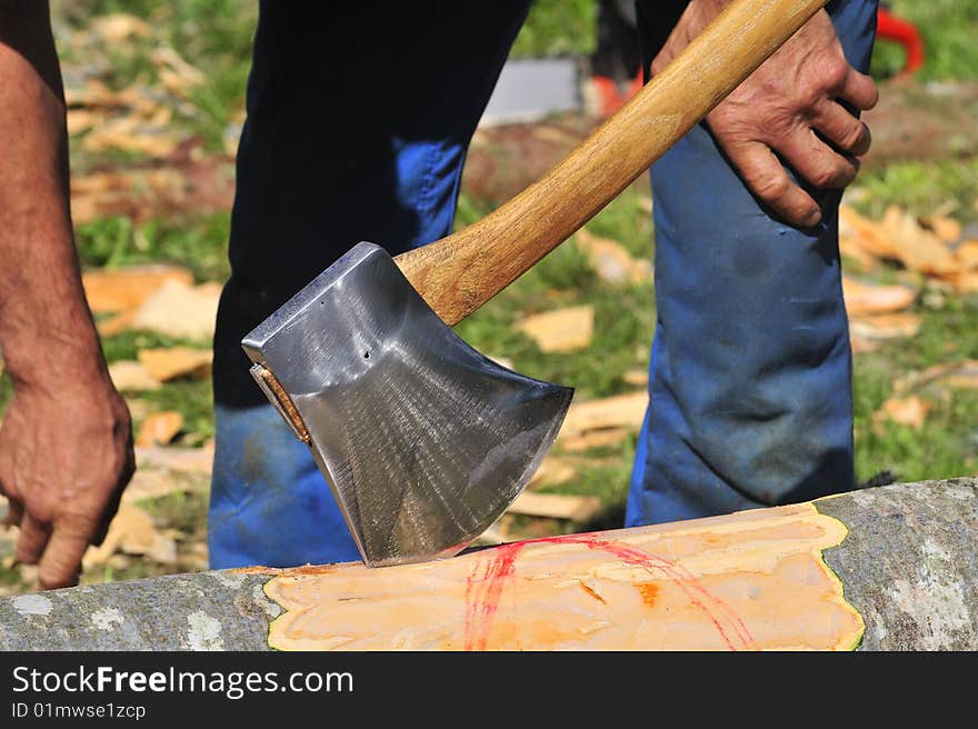 Close up of an axe, embedded in a beech log, before a logger starts chopping. Close up of an axe, embedded in a beech log, before a logger starts chopping