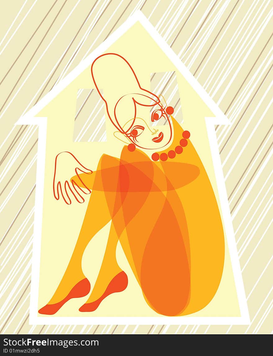 Vector of an elegant girl hiding in a stylized house, avoiding the fierce rainstorm. Vector of an elegant girl hiding in a stylized house, avoiding the fierce rainstorm.