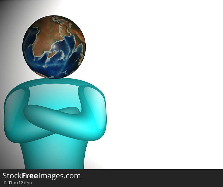 Blue illustration of person with planet head on white background. Blue illustration of person with planet head on white background