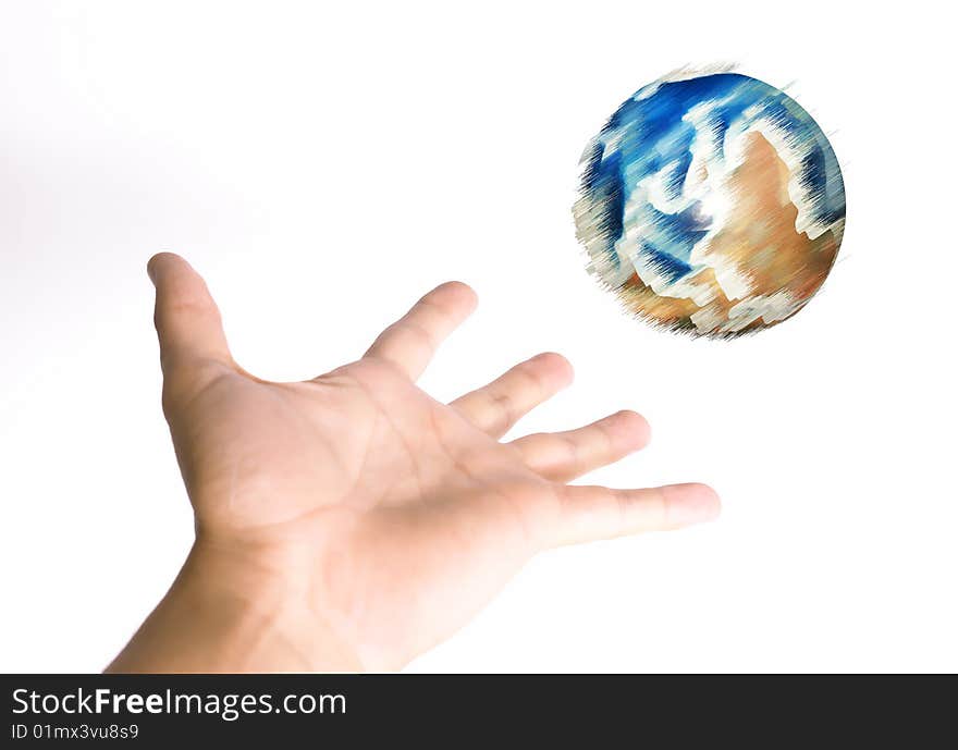 Hand with world on white background. Isolated image. Hand with world on white background. Isolated image