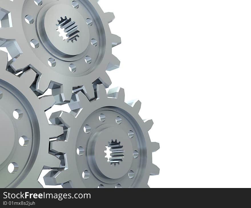 3d illustration of gear wheels at left side on white background. 3d illustration of gear wheels at left side on white background