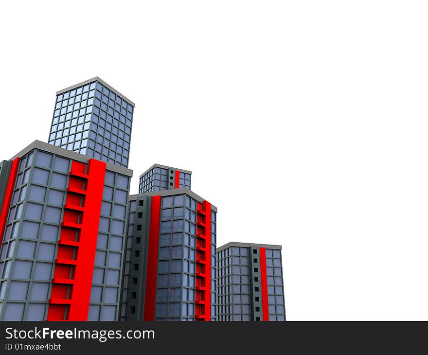 3d illustration of city at left side over white background. 3d illustration of city at left side over white background