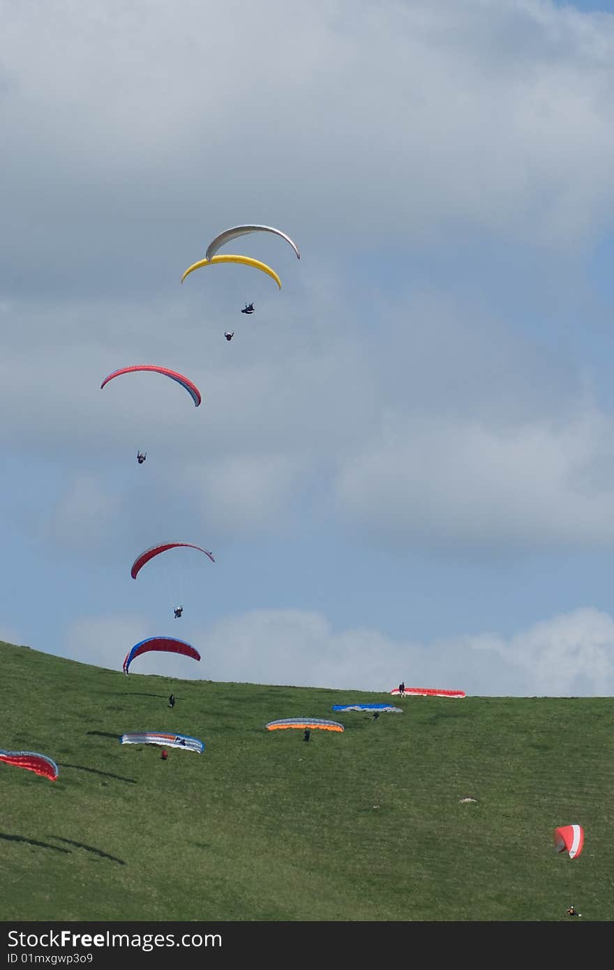 Group of parascenders  enjoying a windy day in Wiltshire. Group of parascenders  enjoying a windy day in Wiltshire