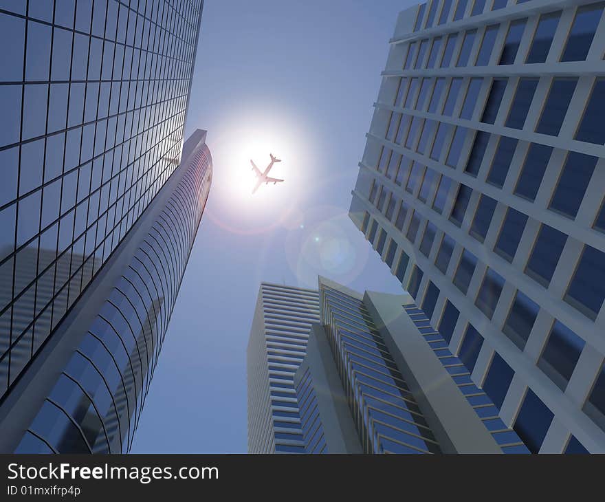 Image of a jet flying across a modern city scape. Image of a jet flying across a modern city scape