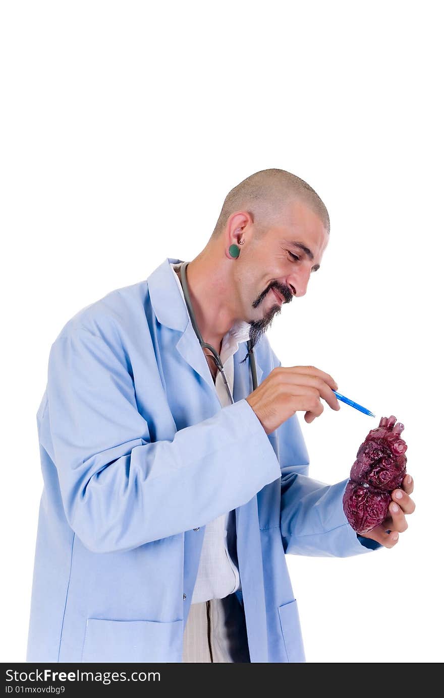 Alternative doctor with stethoscope and earrings, studio shot, white background. Alternative doctor with stethoscope and earrings, studio shot, white background