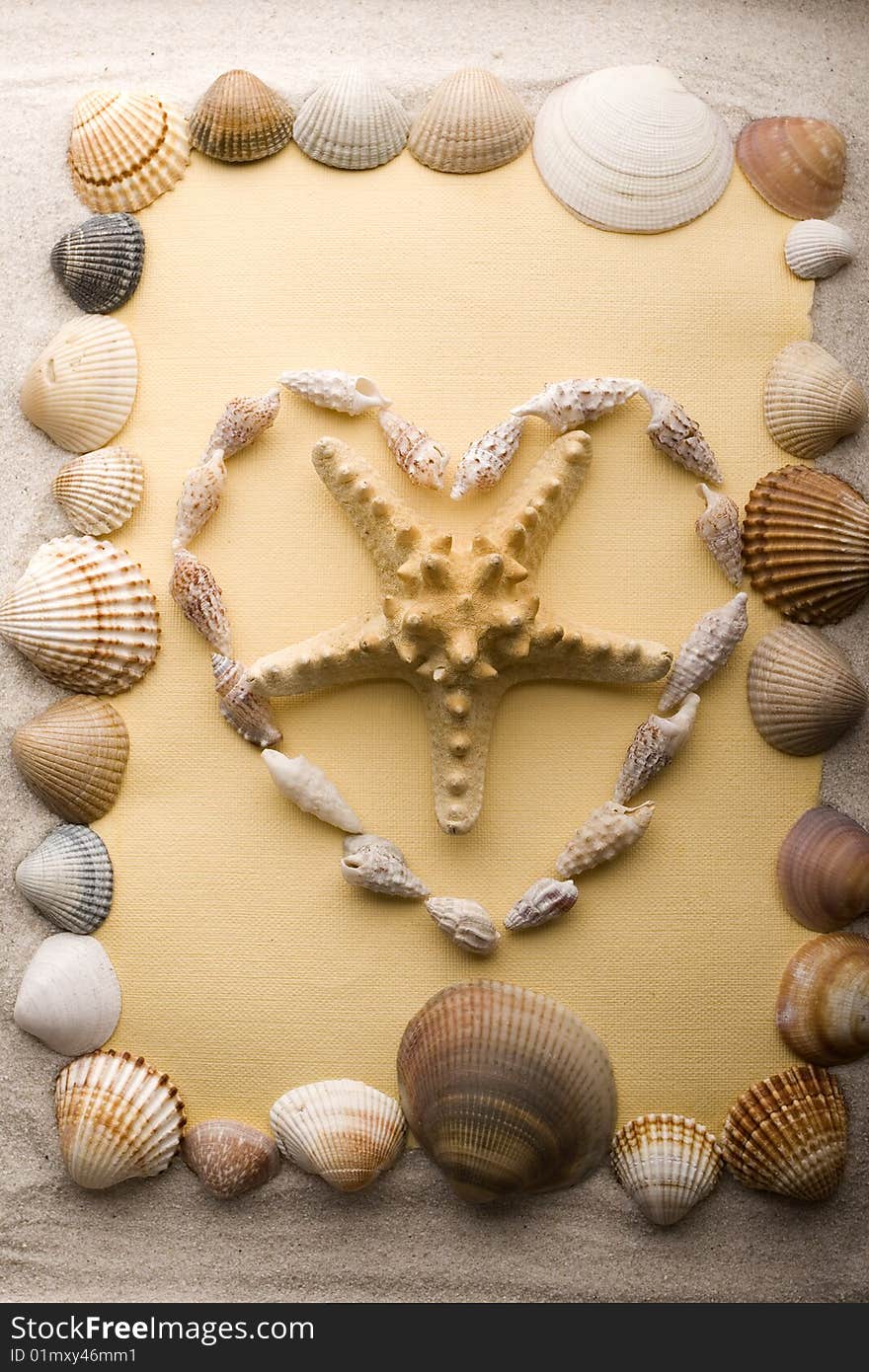 A beautiful yellow letter with shells on sand. A beautiful yellow letter with shells on sand