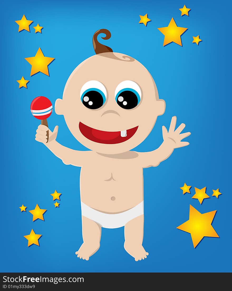 Cute baby with a rattle on a blue star background. Cute baby with a rattle on a blue star background.