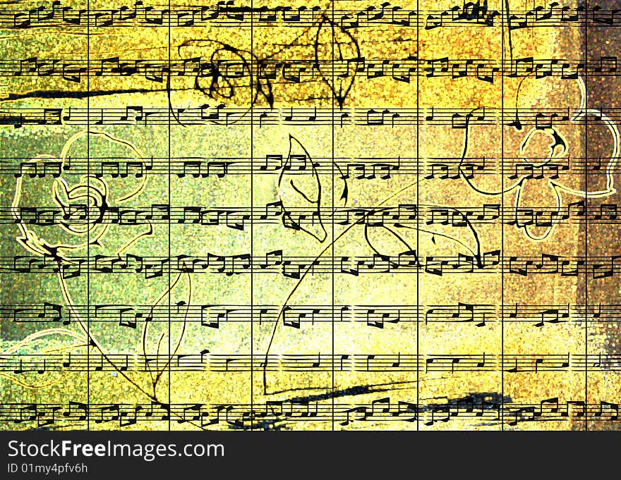 Music score and flowers grunge background. Music score and flowers grunge background