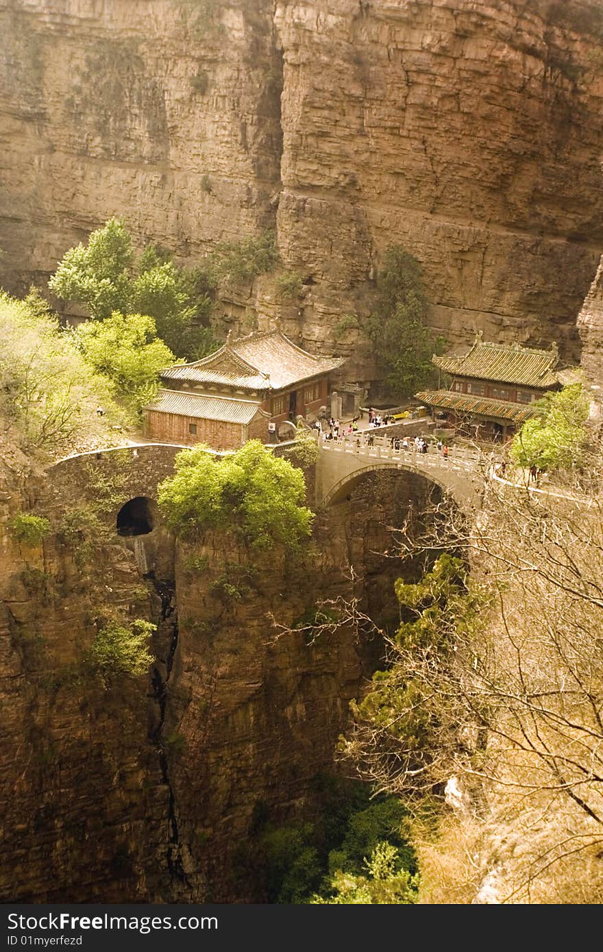 Cangyanshan, Hebei Province, China. the temples and the bridge over the deep canyon in the middle of the mountains. Cangyanshan, Hebei Province, China. the temples and the bridge over the deep canyon in the middle of the mountains