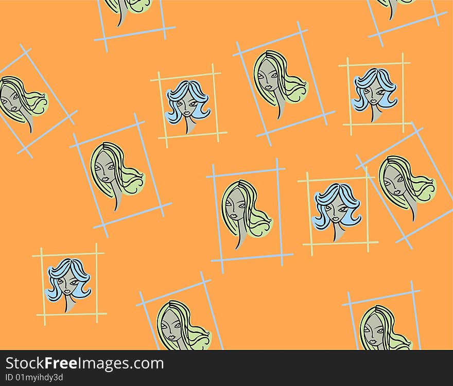 Girl face illustration composition that form a pattern with squash color background. Girl face illustration composition that form a pattern with squash color background