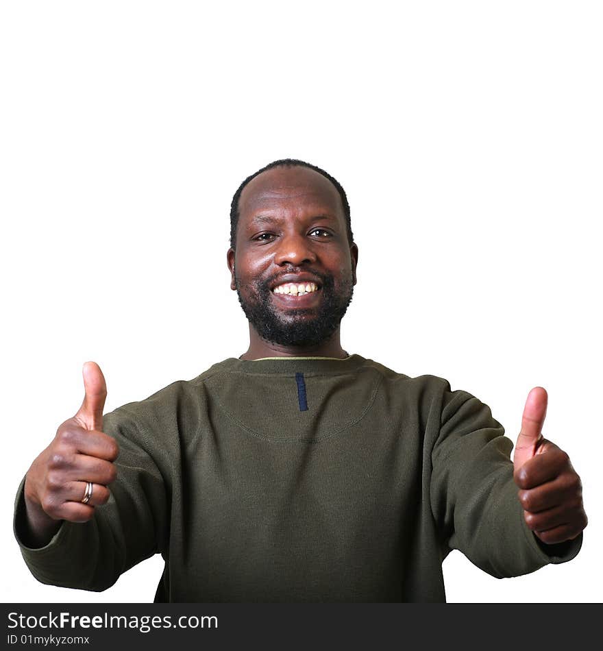 Happy black man shows the big finger of a hands. Happy black man shows the big finger of a hands