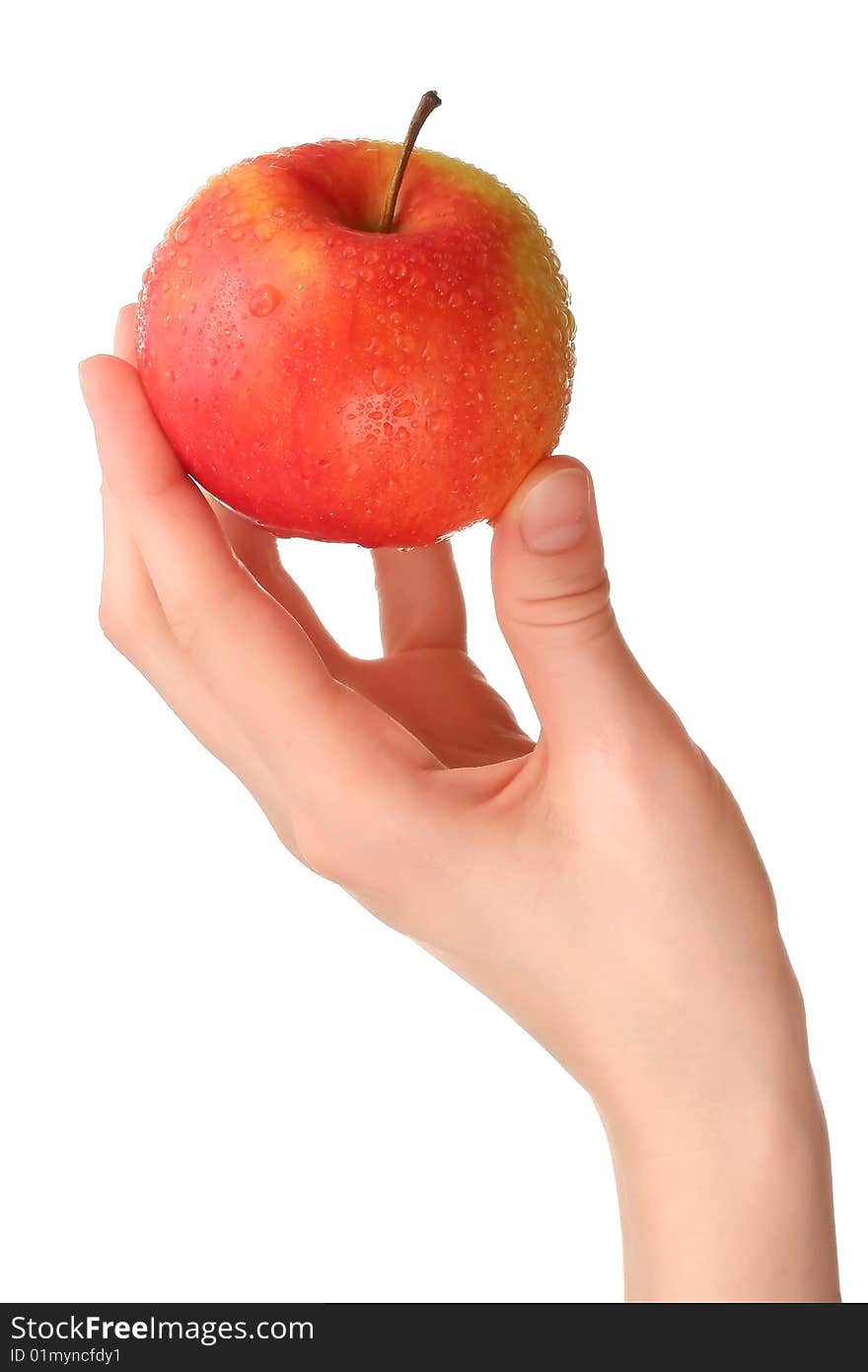 Red apple in hand isolated on white