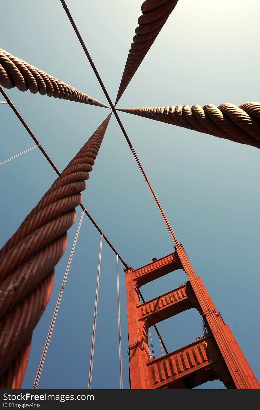 A pillar with steel cables of Golden Gate Bridge, San Francisco (USA)