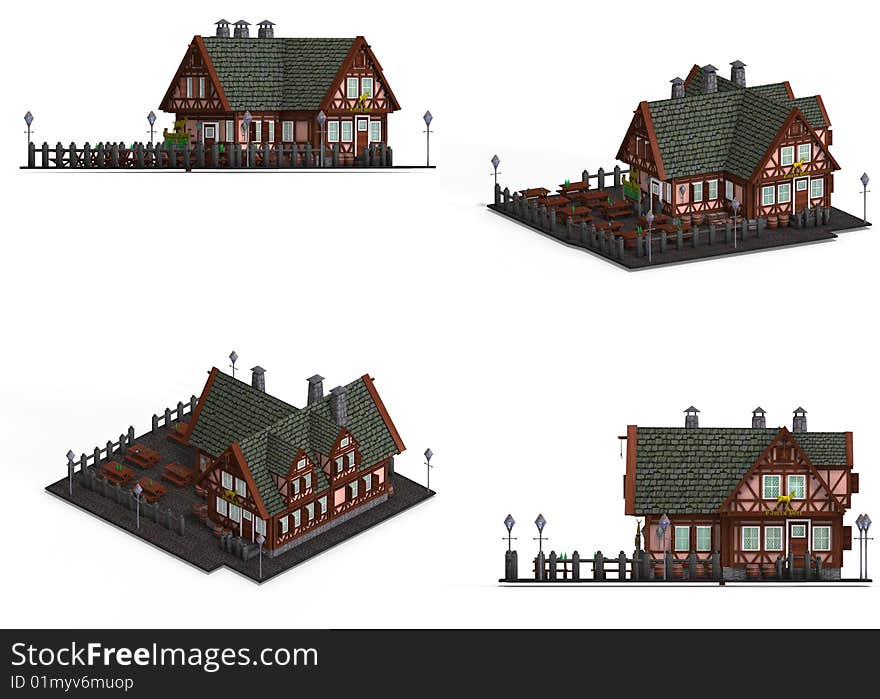 Four Views of an old fashioned house over white. Four Views of an old fashioned house over white