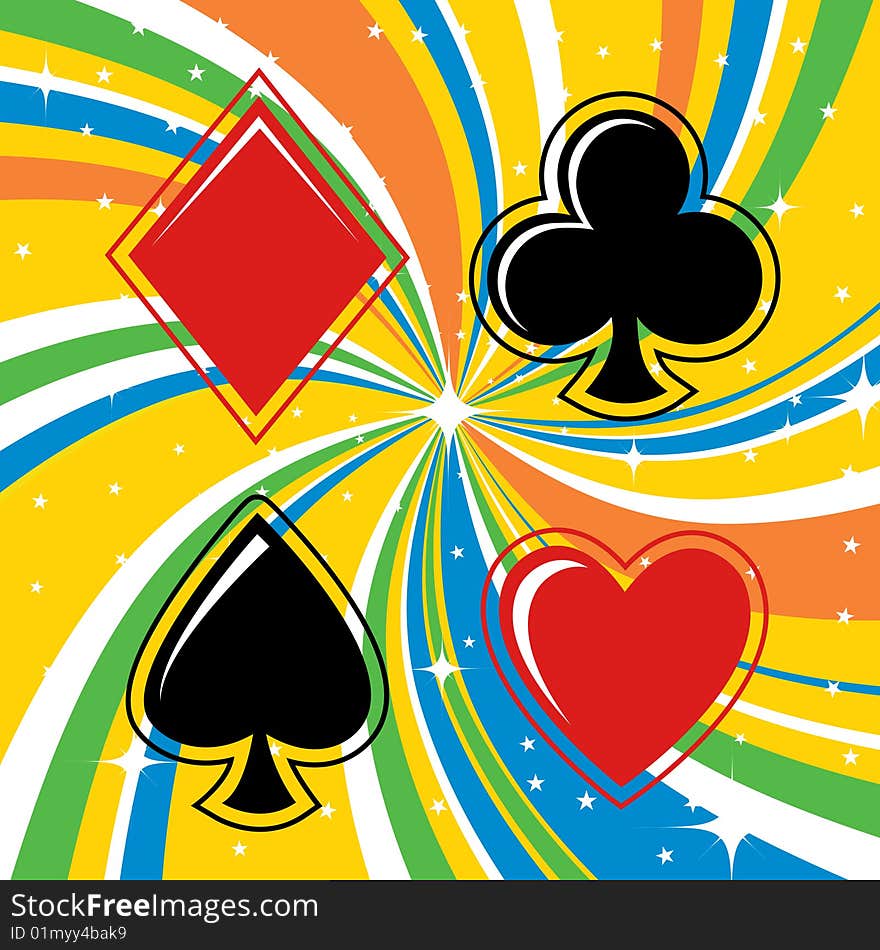 Vector illustration of gambling cards signs set on the beautifull background, decorated with stars and waves.